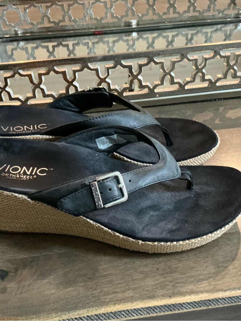 Vionic Black Wedge Thong Sandals with Buckle Detail